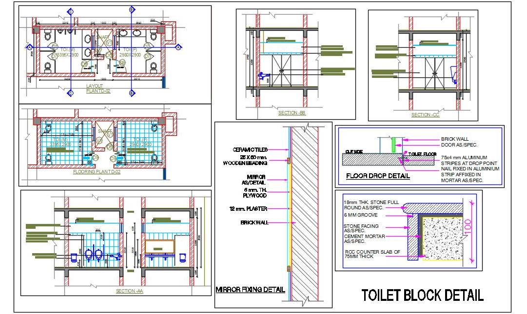 Toilet Block Layout DWG- Male & Female Toilets, Plumbing, and Fixtures